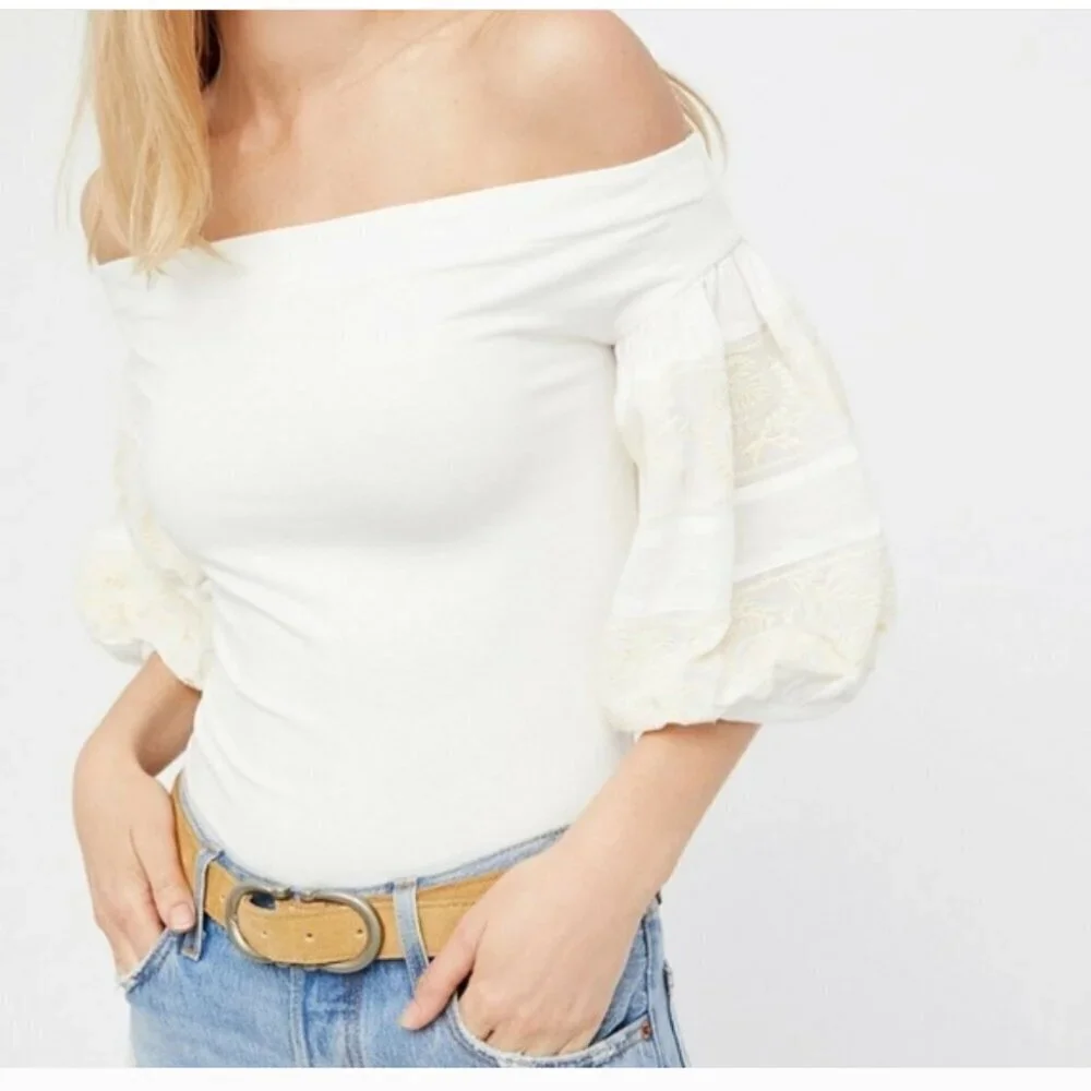 Free People Rock With It Off Shoulder Puff Sleeve Embroidered Top Blouse White S